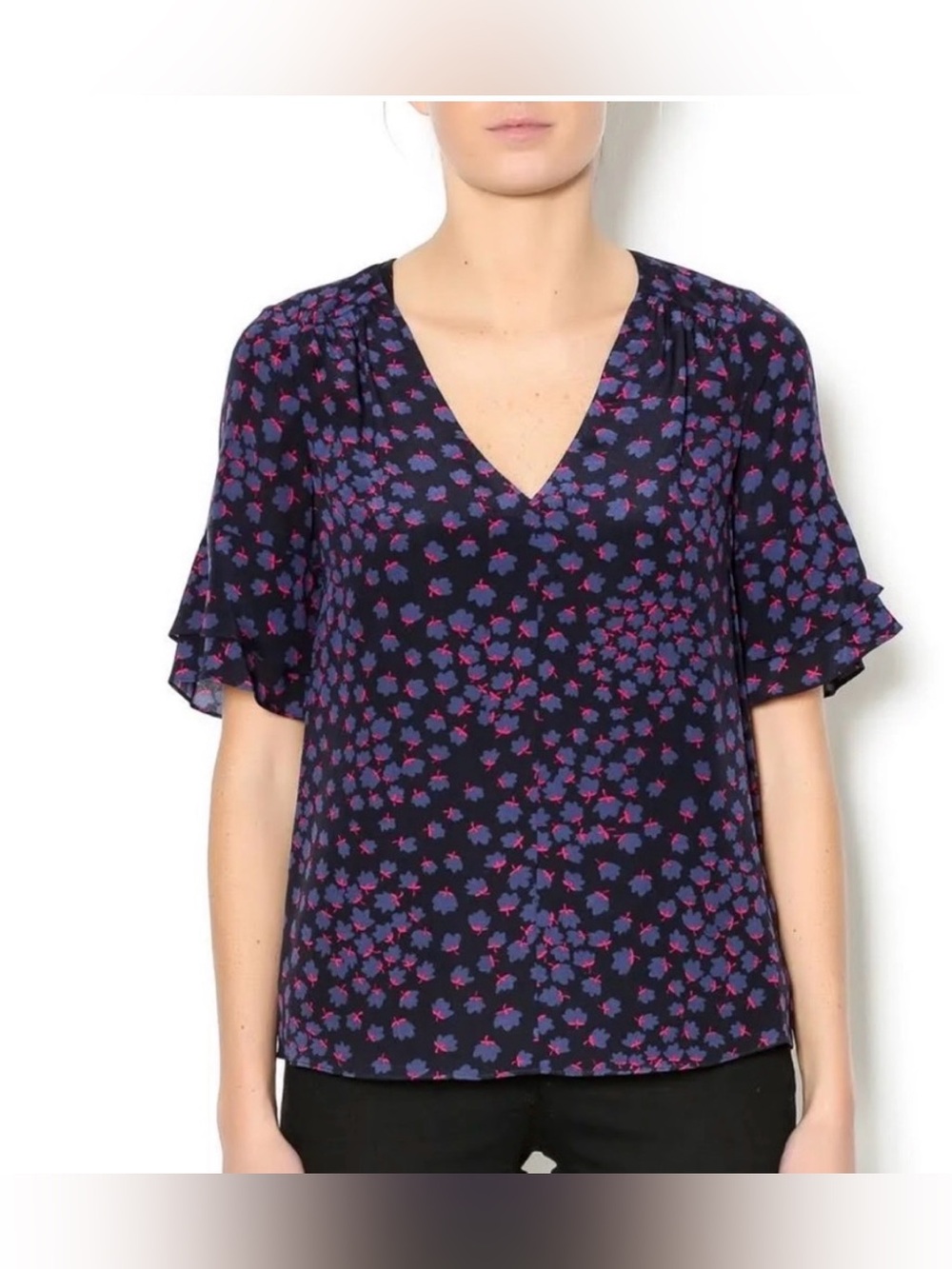 Rebecca Taylor Short Sleeve Aster Floral 100% Silk Top Size 2